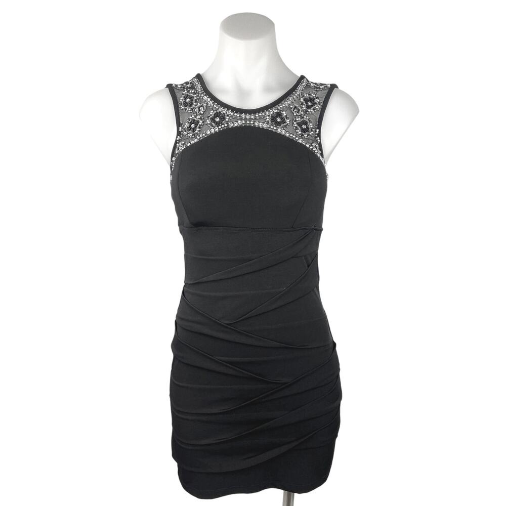 Deb Black Beaded Embroidered Sleeveless Ruched Cocktail Bodycon Mini Dress Sz S